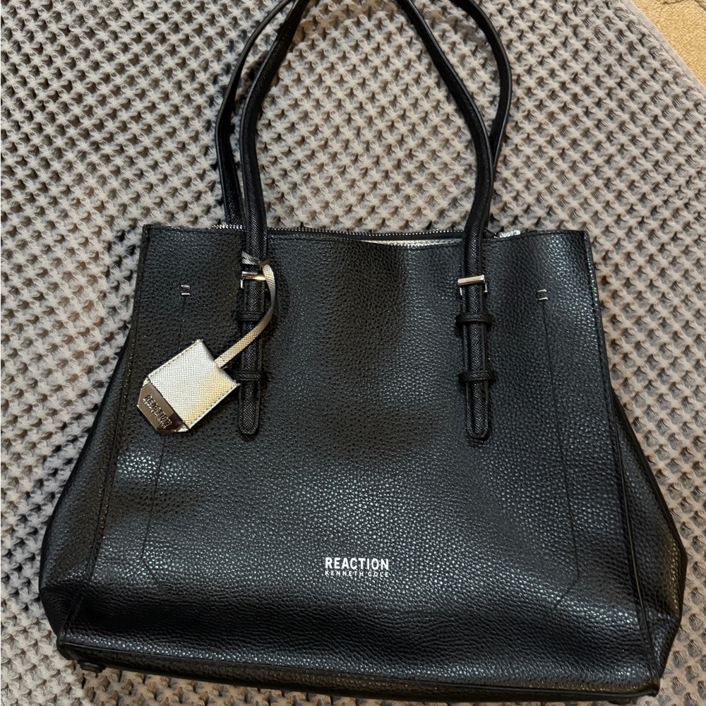 Kenneth Cole Reaction Black Pebbled Leather Tote with Silver Interior Tag Accent